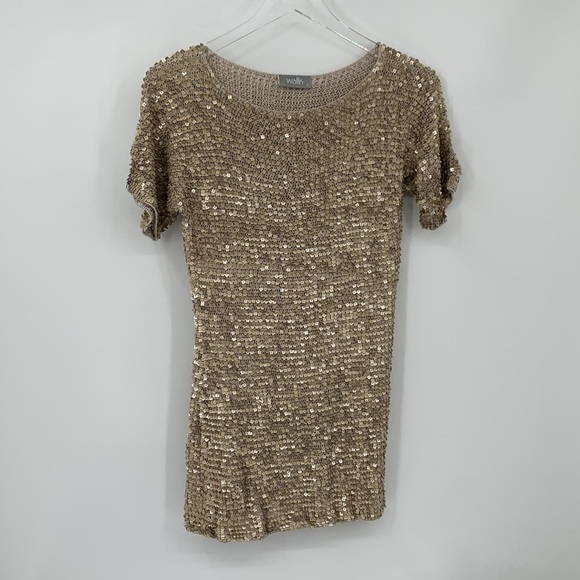 Wallis sequin crochet sweater gold metallic square short sleeve top shirt Small - Picture 1 of 4